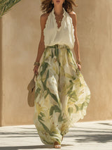 Alessandra - Chiffon Sleeveless Top with Ruffles and Lilium Print Trousers