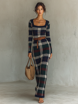 Women's Minimalist Check Knit Belted Square Neck Maxi Dress
