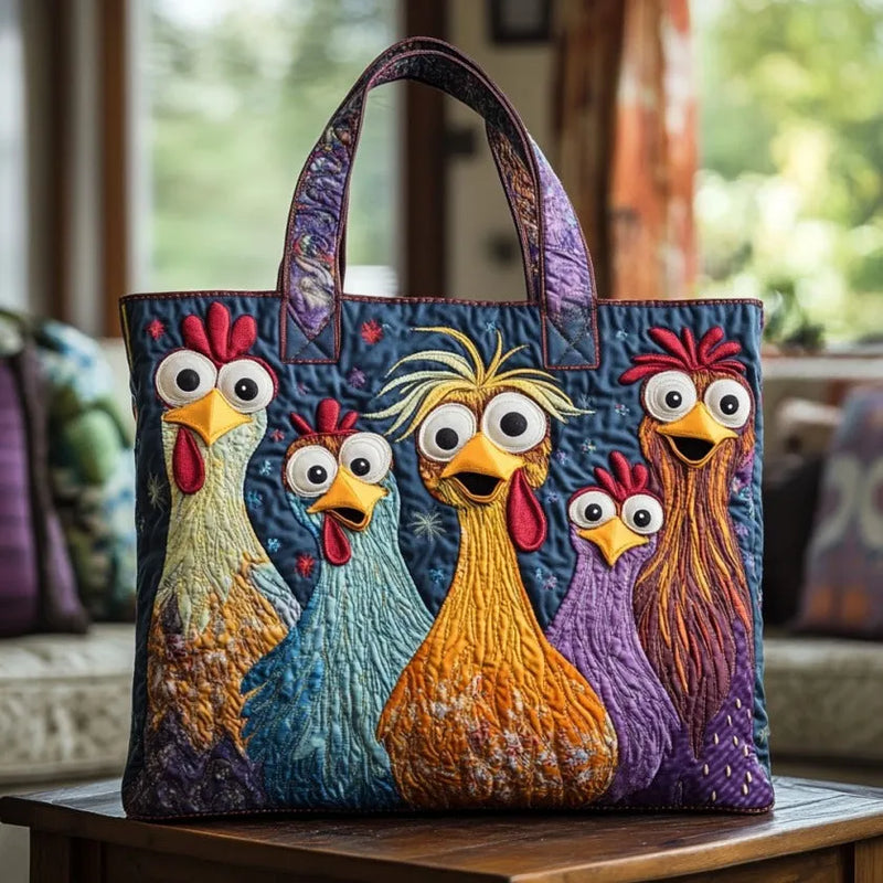 Craft Tote Bag with Five Colourful Chickens