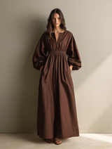 Women's Casual Brown V-neck Long-sleeved Maxi Dress With Elastic Waist