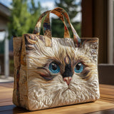 White Cat Artisan Tote Bag with Blue Eyes