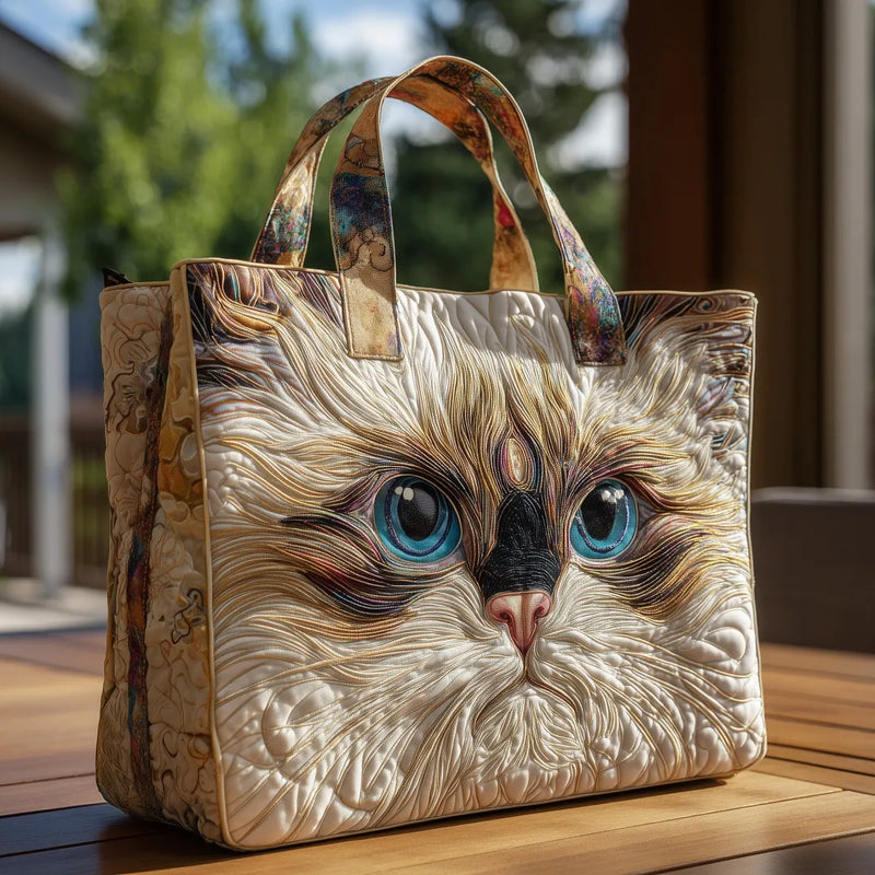 White Cat Artisan Tote Bag with Blue Eyes