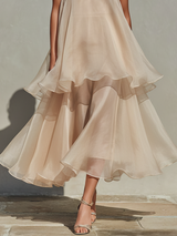 Eloria – Champagne Chiffon Midi Dress with Ruffle Layers