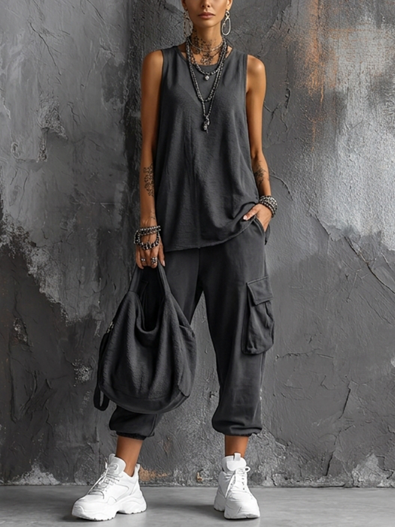 Women's Casual Style Dark Gray Sleeveless Top + Jogger Cargo Pants Set