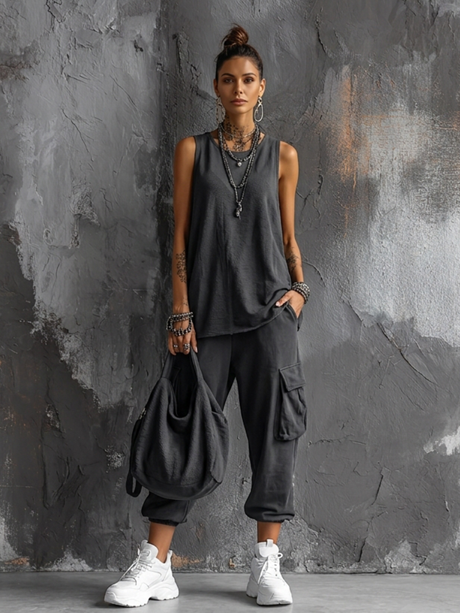 Women's Casual Style Dark Gray Sleeveless Top + Jogger Cargo Pants Set