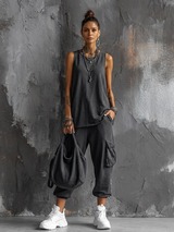 Women's Casual Style Dark Gray Sleeveless Top + Jogger Cargo Pants Set