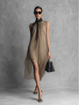 Women's Light Luxury Khaki And Brown Color-blocked Chiffon Sleeveless Dress