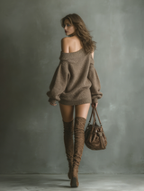 Women's Brown Off-shoulder Knit Mini Dress