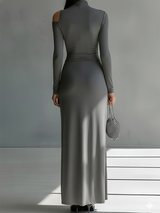 Women's Grey Silky Stretch Sophisticated Ruched Detail Cut-Out Maxi Dress