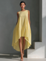Women's White Sleeveless Midi Dress With Round Neck & Asymmetric Hem