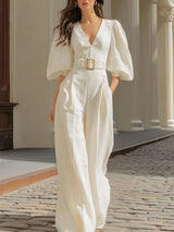 White V-neck lantern sleeve wide-leg jumpsuit (Includes belt)