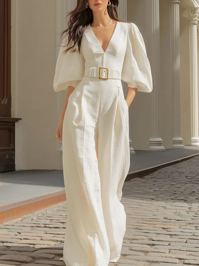 White V-neck lantern sleeve wide-leg jumpsuit (Includes belt)