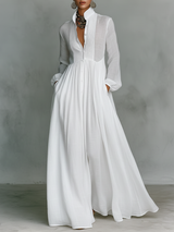Women's Minimalist Patchwork Single-breasted Stand-up Collar Long-sleeved Maxi Dress