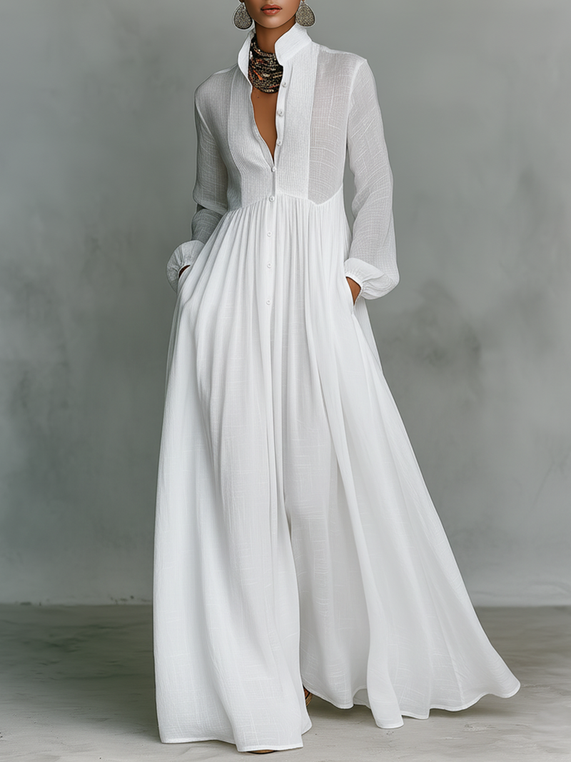 Women's Minimalist Patchwork Single-breasted Stand-up Collar Long-sleeved Maxi Dress