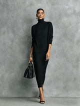 Women's Elegant Black Knitted Turtleneck Long-sleeved Loose-fitting Midi Dress With No Pockets