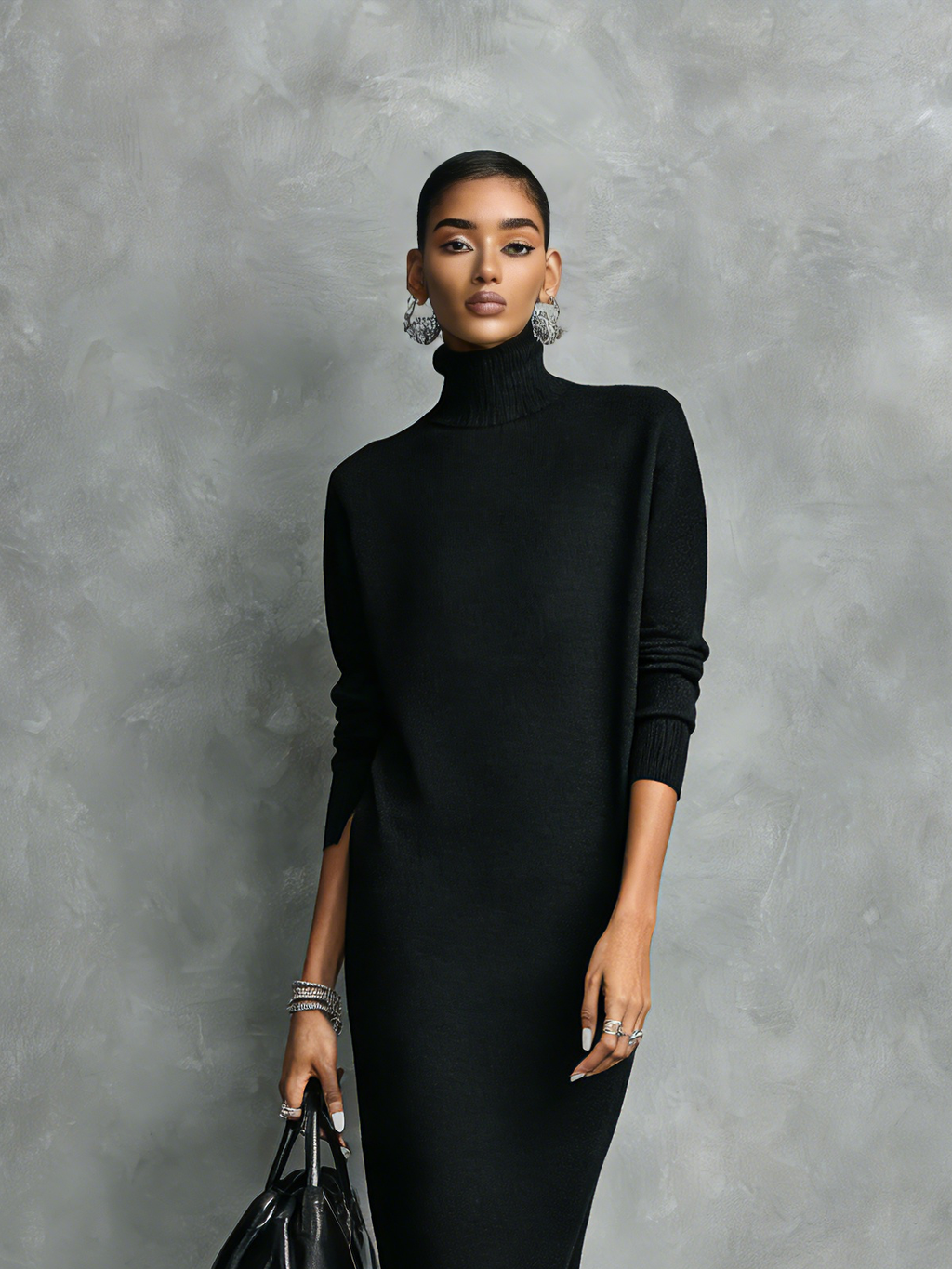 Women's Elegant Black Knitted Turtleneck Long-sleeved Loose-fitting Midi Dress With No Pockets