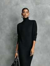 Women's Elegant Black Knitted Turtleneck Long-sleeved Loose-fitting Midi Dress With No Pockets