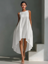 Women's White Sleeveless Midi Dress With Round Neck & Asymmetric Hem