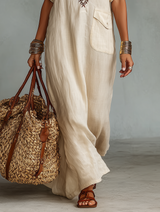 Women's Minimalist Embroidered Short-sleeved Shirt Maxi Dress
