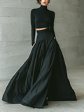 Women's Fashionable And Elegant Black Fitted Turtleneck Long-sleeved Cropped Top Paired With A Black Long Skirt