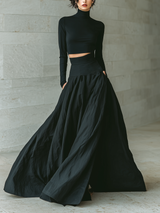 Women's Fashionable And Elegant Black Fitted Turtleneck Long-sleeved Cropped Top Paired With A Black Long Skirt