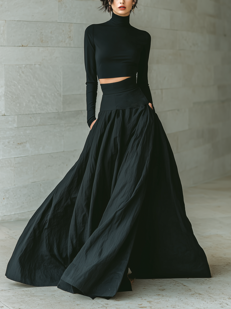Women's Fashionable And Elegant Black Fitted Turtleneck Long-sleeved Cropped Top Paired With A Black Long Skirt