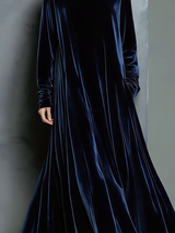Women's Elegant Navy Blue Velvet High-neck Long-sleeved Loose-fitting Maxi Dress