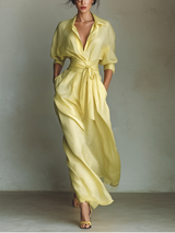 Women's Lemon Yellow Maxi Shirt Dress With Tie Waist & Half Sleeves