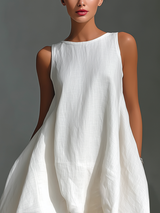 Women's White Sleeveless Midi Dress With Round Neck & Asymmetric Hem