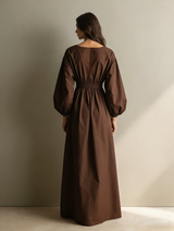 Women's Casual Brown V-neck Long-sleeved Maxi Dress With Elastic Waist