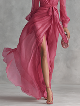 Elegant long pink chiffon dress with pearls and V-neck for women