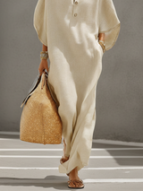 Women's Oatmeal Dress With Mandarin Collar & Dolman Sleeves, Timeless Resort-Casual Style Dress