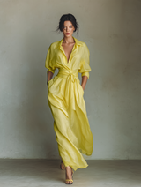 Women's Lemon Yellow Maxi Shirt Dress With Tie Waist & Half Sleeves