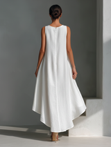Women's White Sleeveless Midi Dress With Round Neck & Asymmetric Hem