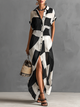 Women's Irregular Geometric Print Lapel Single-Breasted Short-Sleeved Maxi Shirt Dress