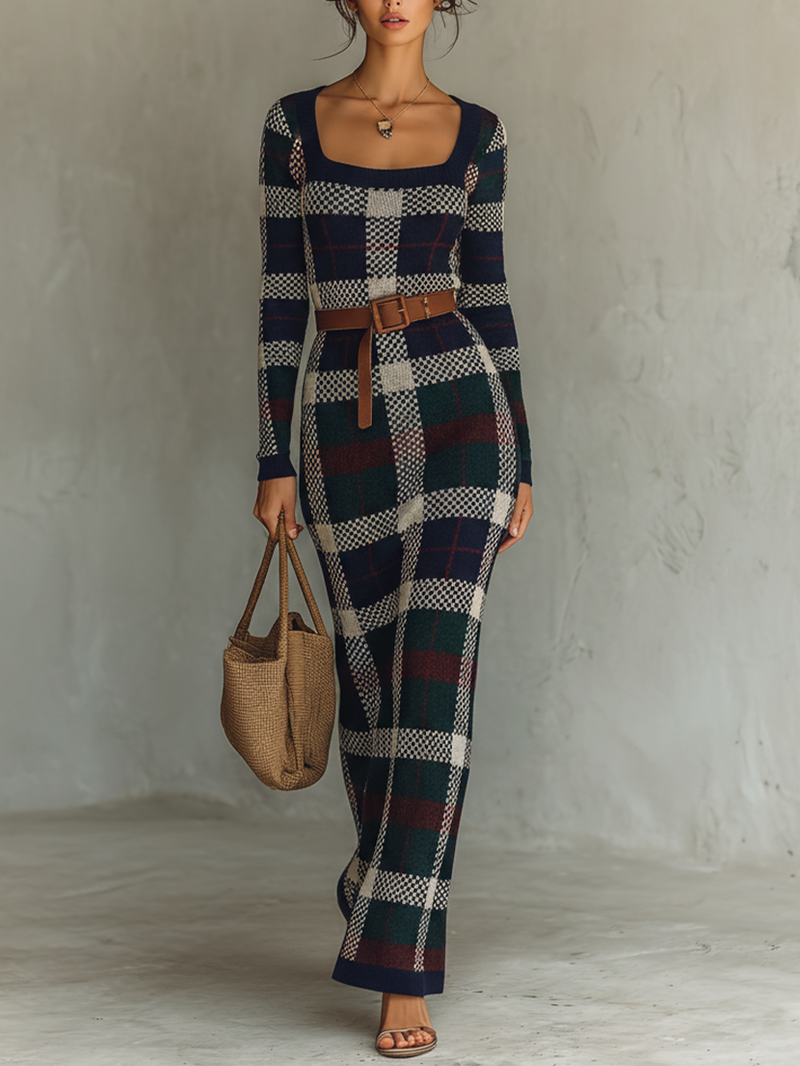Women's Minimalist Check Knit Belted Square Neck Maxi Dress