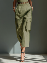 Women's Olive Green Sleeveless Midi Dress With Cargo Pockets & Belted Waist