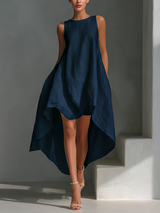 Women's White Sleeveless Midi Dress With Round Neck & Asymmetric Hem