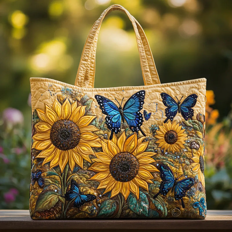 Handcrafted Tote Bag Sunflowers and Blue Butterflies
