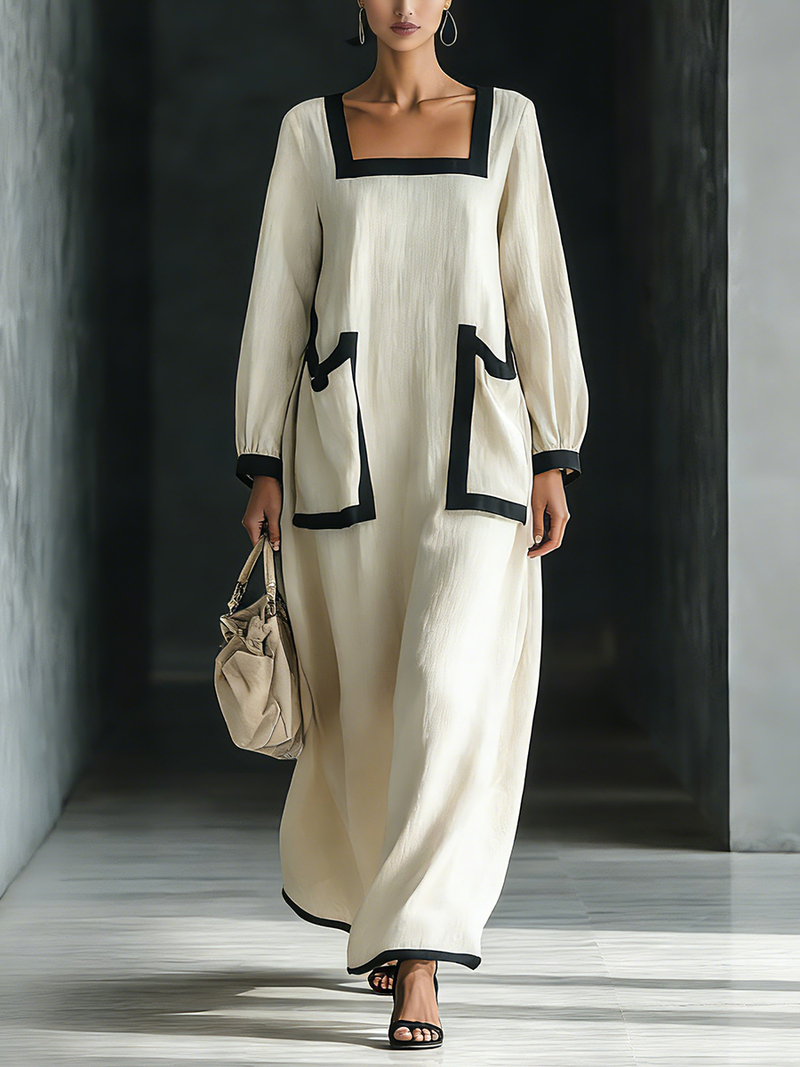 Women's Beige Blend Square-Neck Maxi Dress With Black Trim & Oversized Pockets