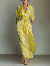Women's Lemon Yellow Maxi Shirt Dress With Tie Waist & Half Sleeves