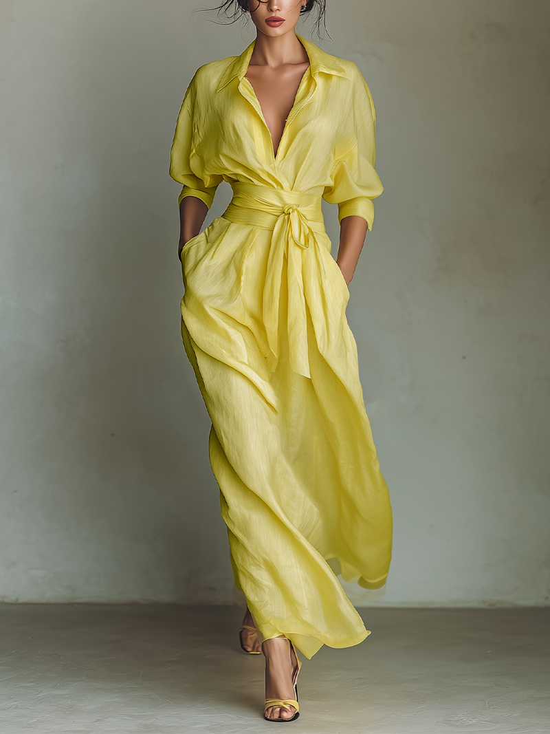 Women's Lemon Yellow Maxi Shirt Dress With Tie Waist & Half Sleeves