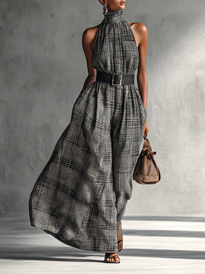 Women's Plaid High Collar Sleeveless Belted Maxi Dress