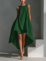 Women's White Sleeveless Midi Dress With Round Neck & Asymmetric Hem