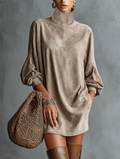 Women's Minimalist Loose-fitting Faux Suede High-neck Mini Dress