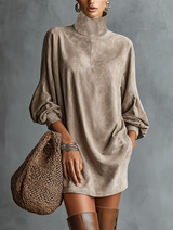 Women's Minimalist Loose-fitting Faux Suede High-neck Mini Dress