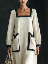 Women's Beige Blend Square-Neck Maxi Dress With Black Trim & Oversized Pockets