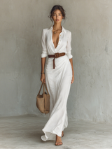 Long Maxi Dress with Notched Collar and Long Sleeves for Women