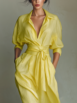 Women's Lemon Yellow Maxi Shirt Dress With Tie Waist & Half Sleeves