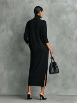 Women's Elegant Black Knitted Turtleneck Long-sleeved Loose-fitting Midi Dress With No Pockets